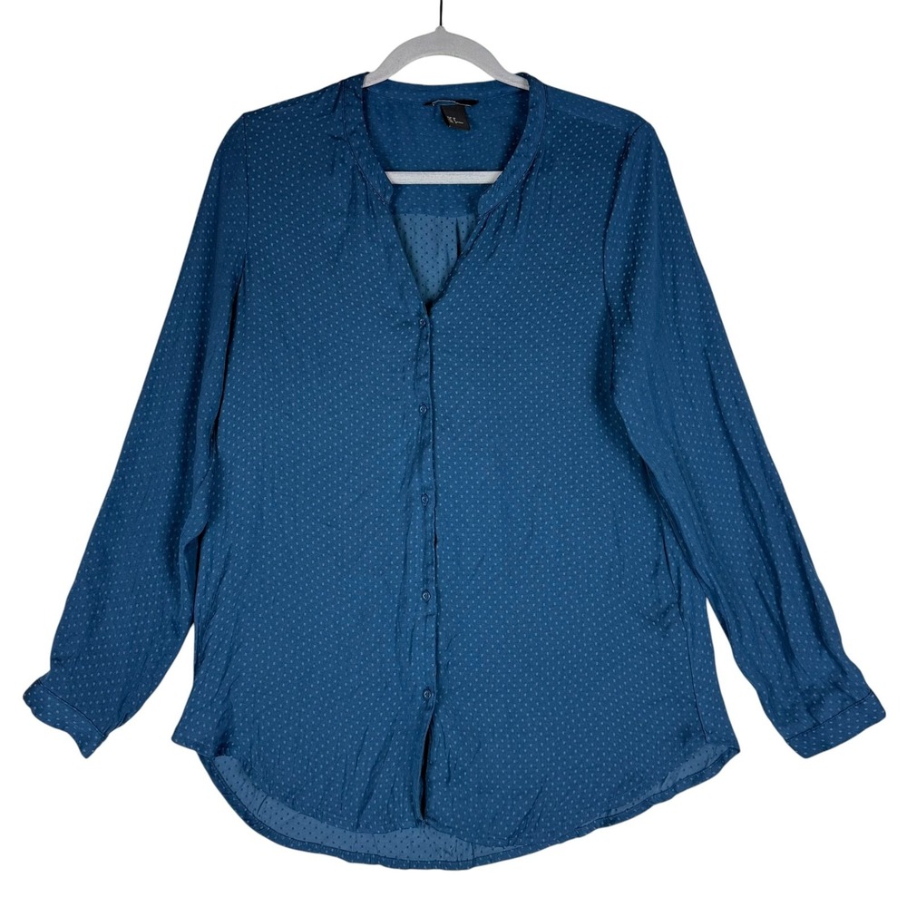 H&M Shirt Womens 8 Blue Round Hem Polka Dot V Neck Long‎ Sleeve Button